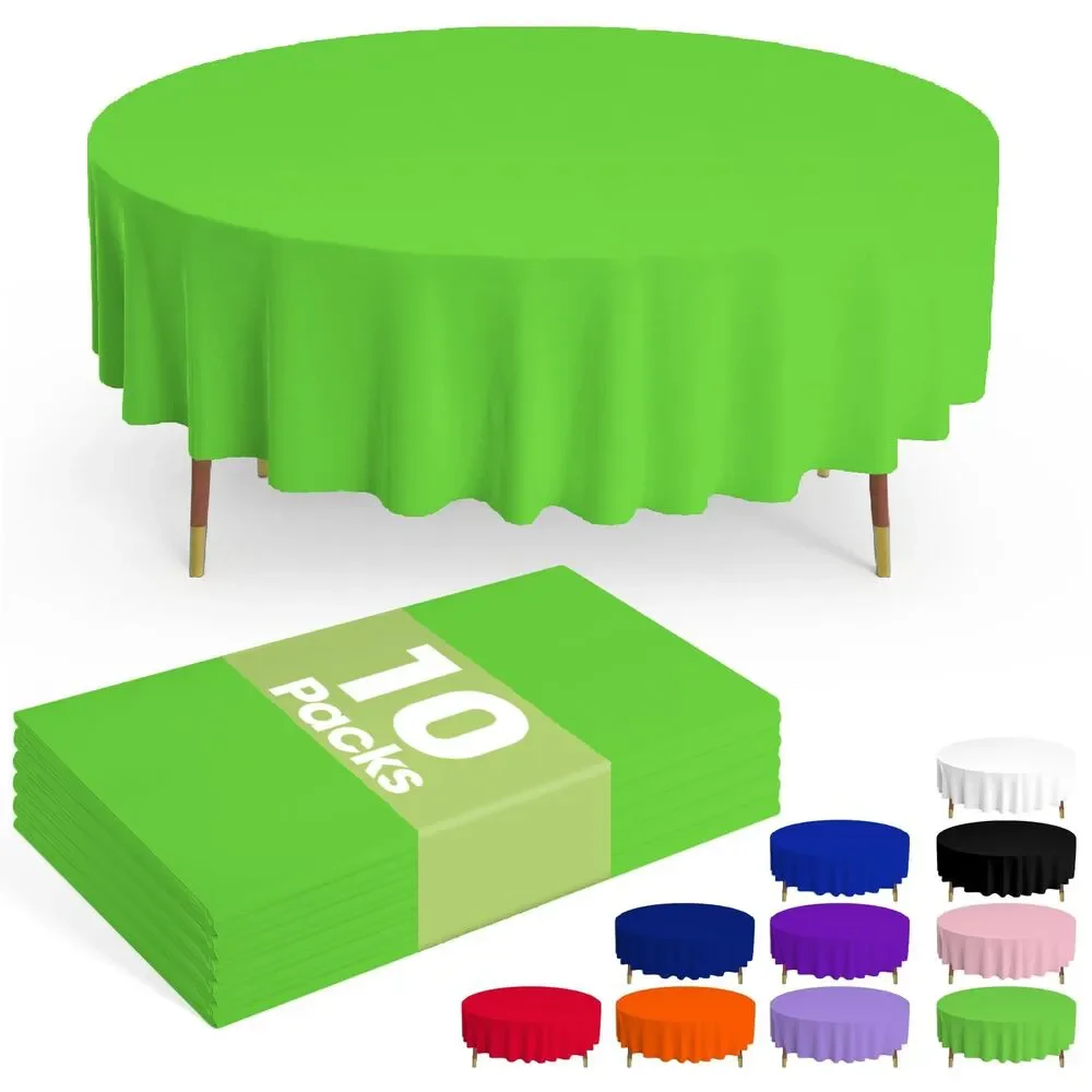 Set of 10, Plastic Table Cloths, Disposable 84'' Round (Green)